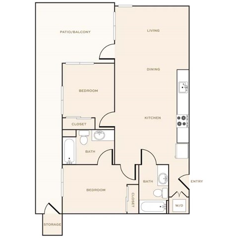 Floor plan for 2 beds, 2 baths, 977 sqft